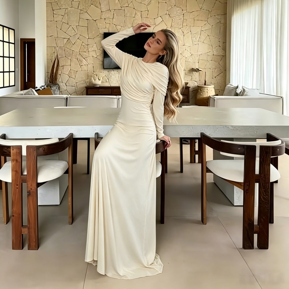 Fashionable Pleated Asymmetric Solid-Color Dress – Premium 0 | RICALOUX