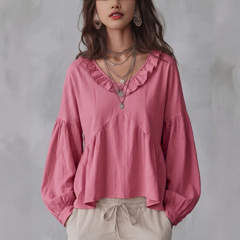 Vintage Lace-trimmed V-neck Long-sleeve Blouse – Premium 0 | RICALOUX