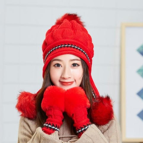 Cozy Knit Fleece-Feel Beanie With Ear Flaps & Pompom Warm Winter Hat For Women Perfect For Skiing & Outdoor Activities - RICALOUX