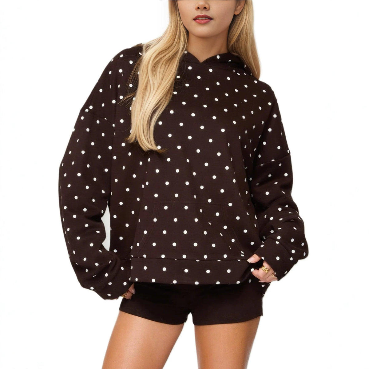 Womens Polka-dot Print Loose-fitting Sweatshirt With A Hood by Ricaloux