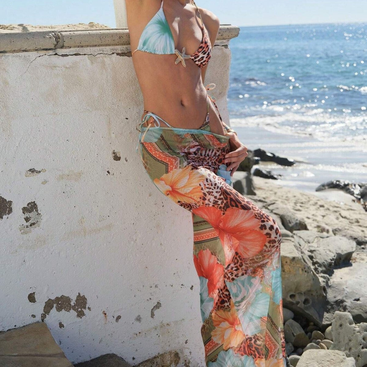 European And American-style Floral-print Triangle-bra Sexy Quick-drying Cover-up Maxi Dress Bikini Three-piece Set – Premium 0 | RICALOUX