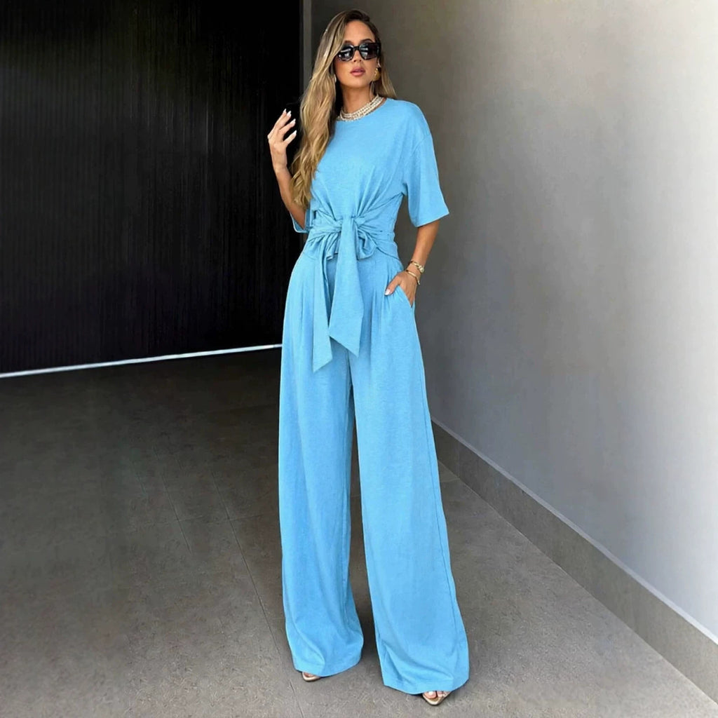 Round-neck Short-sleeve Top And Loose Wide-leg Pants Set – Premium 0 | RICALOUX