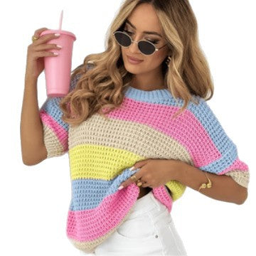 Womens Rainbow-Striped Knitted Short-Sleeve Top – Premium 0 | RICALOUX