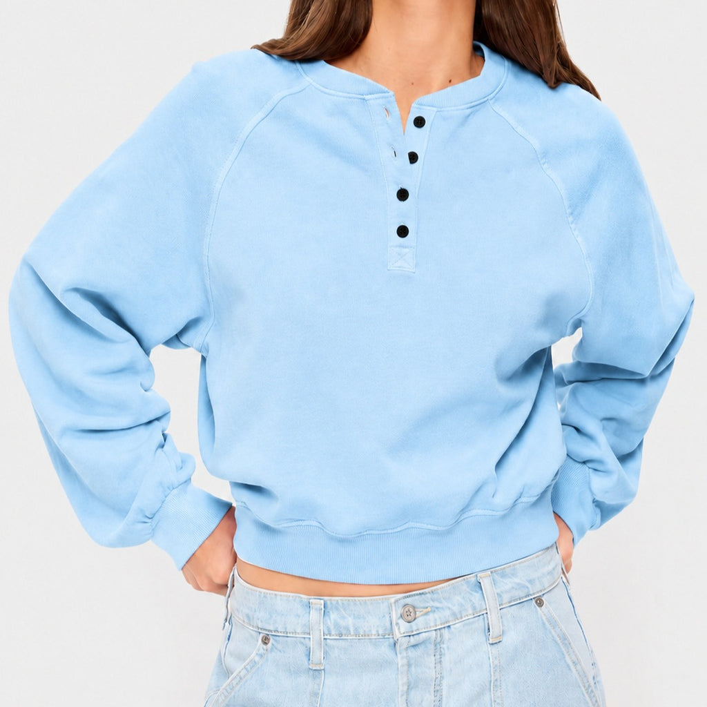 Womens Crew-neck Button-up Sweatshirt Loose-fit Casual Cropped Top by Ricaloux