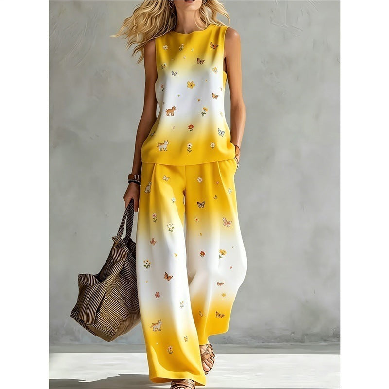 New-style Rainbow Tie-dye Sleeveless Crew-neck Top And Wide-leg Pants Womens Casual Two-piece Set – Premium 0 | RICALOUX