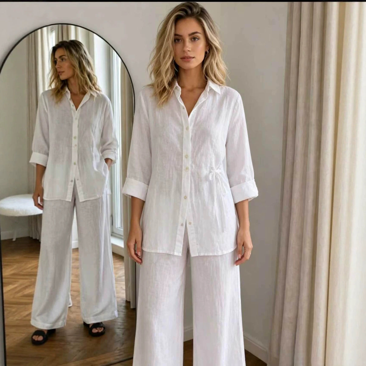 New Casual Solid-Color Trousers Summer Loose Single-Breasted Crepe Shirt Set by Ricaloux