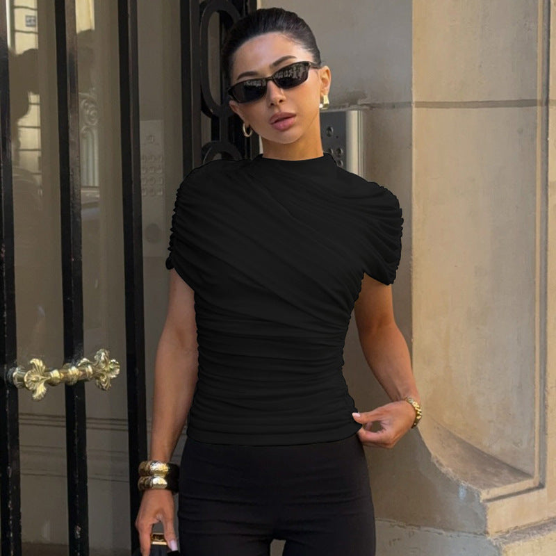Solid-color Scarf-collar Fashion Draped Sleeveless Slim-fit Short Top by Ricaloux