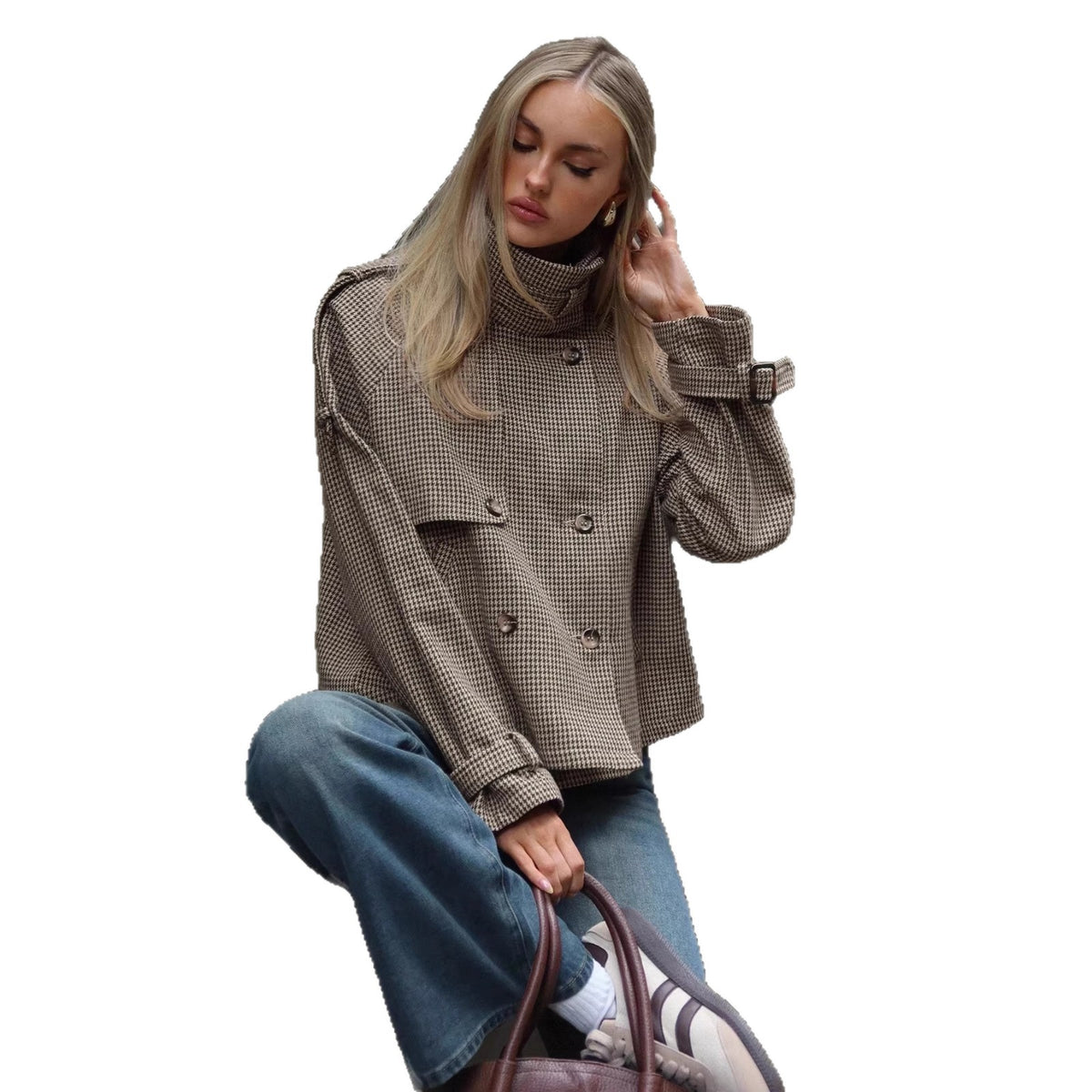 Womens Relaxed-fit Casual Houndstooth Coat by Ricaloux