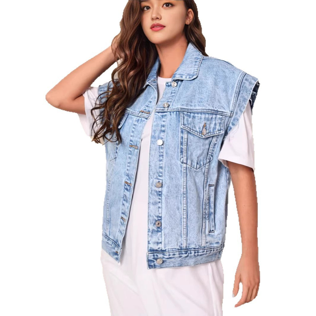 Womens Minimalist Casual Chic Denim Jacket Vest by Ricaloux