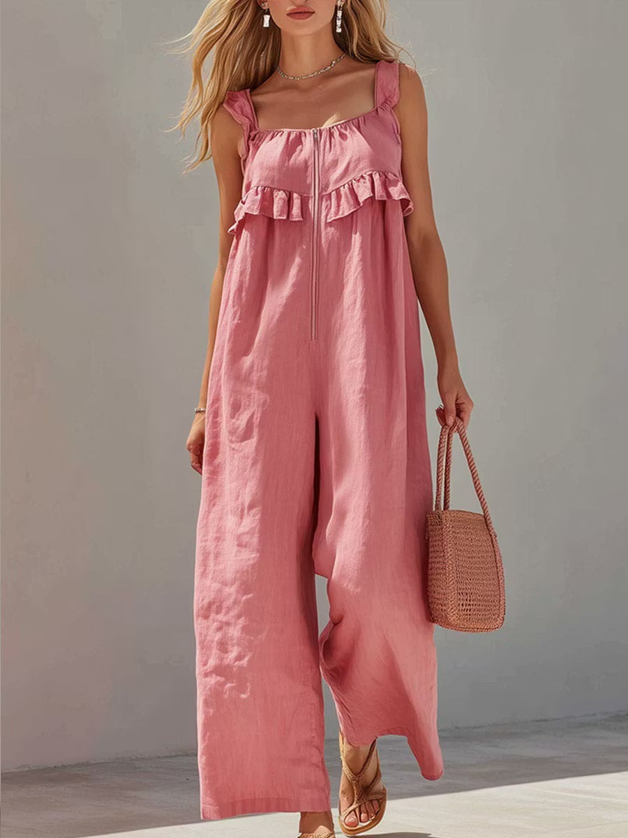 Womens Sleeveless Strap Solid-color Jumpsuit by Ricaloux