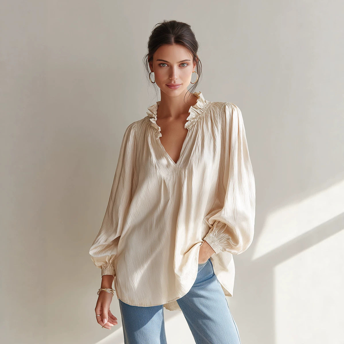 V-neck Loose-fitting Top With Puffed Balloon Sleeves by Ricaloux
