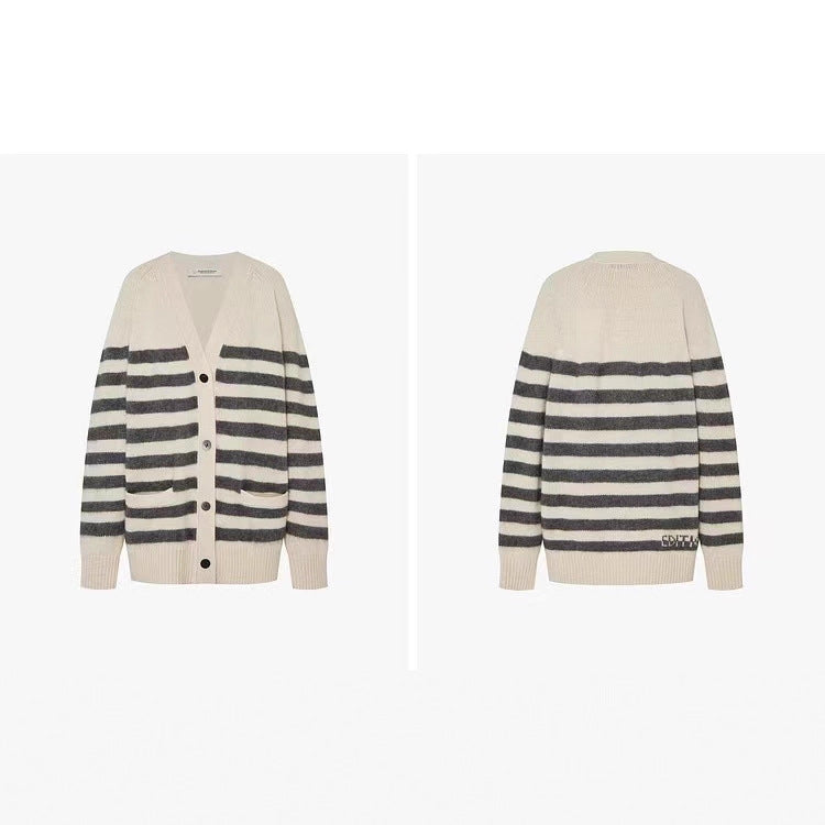 Womens Striped Wool Color-Block Knitted Cardigan Coat by Ricaloux