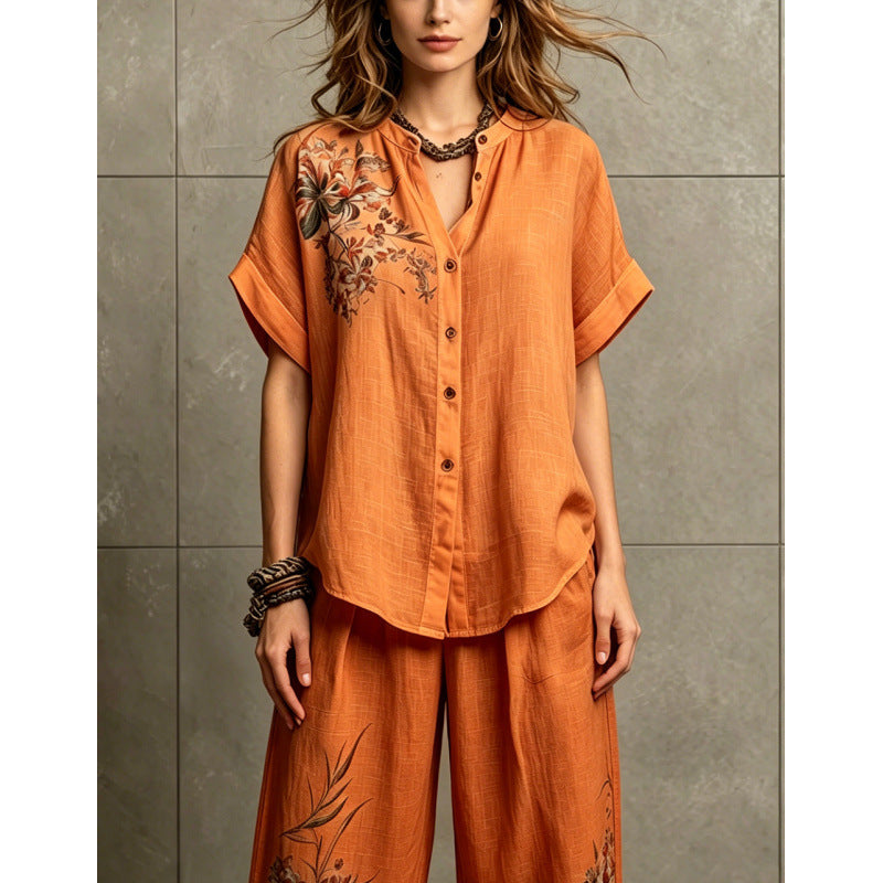 Short-sleeve Top And Wide-leg Pants Casual Two-piece Set by Ricaloux