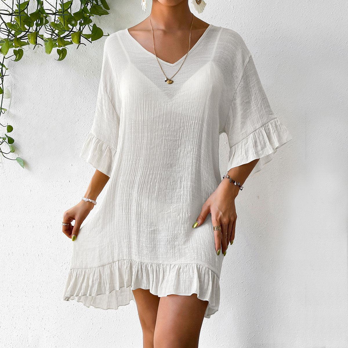 New V Neck Flare Sleeve Back Butterfly Print Sun Protection Dress, Bestseller Beach Cover Up Dress For Amazon – Premium 4 | RICALOUX