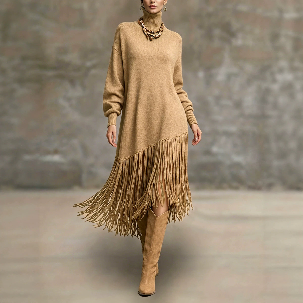 Womens Long Tassel Solid-Color Versatile Dress by Ricaloux
