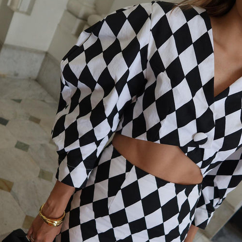 Diamond Check Puff Sleeve V-Neck Crop Top & High Waist Mermaid Maxi Skirt 2-Piece Co-Ord Set by Ricaloux