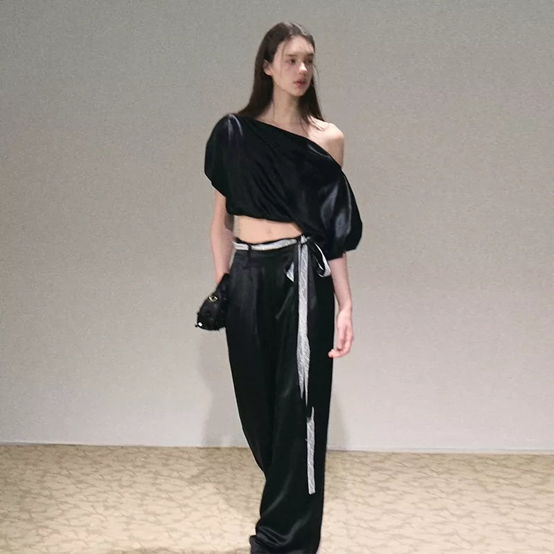 Two-piece Set Off-shoulder Top With Lace Belt And Wide-leg Pants by Ricaloux