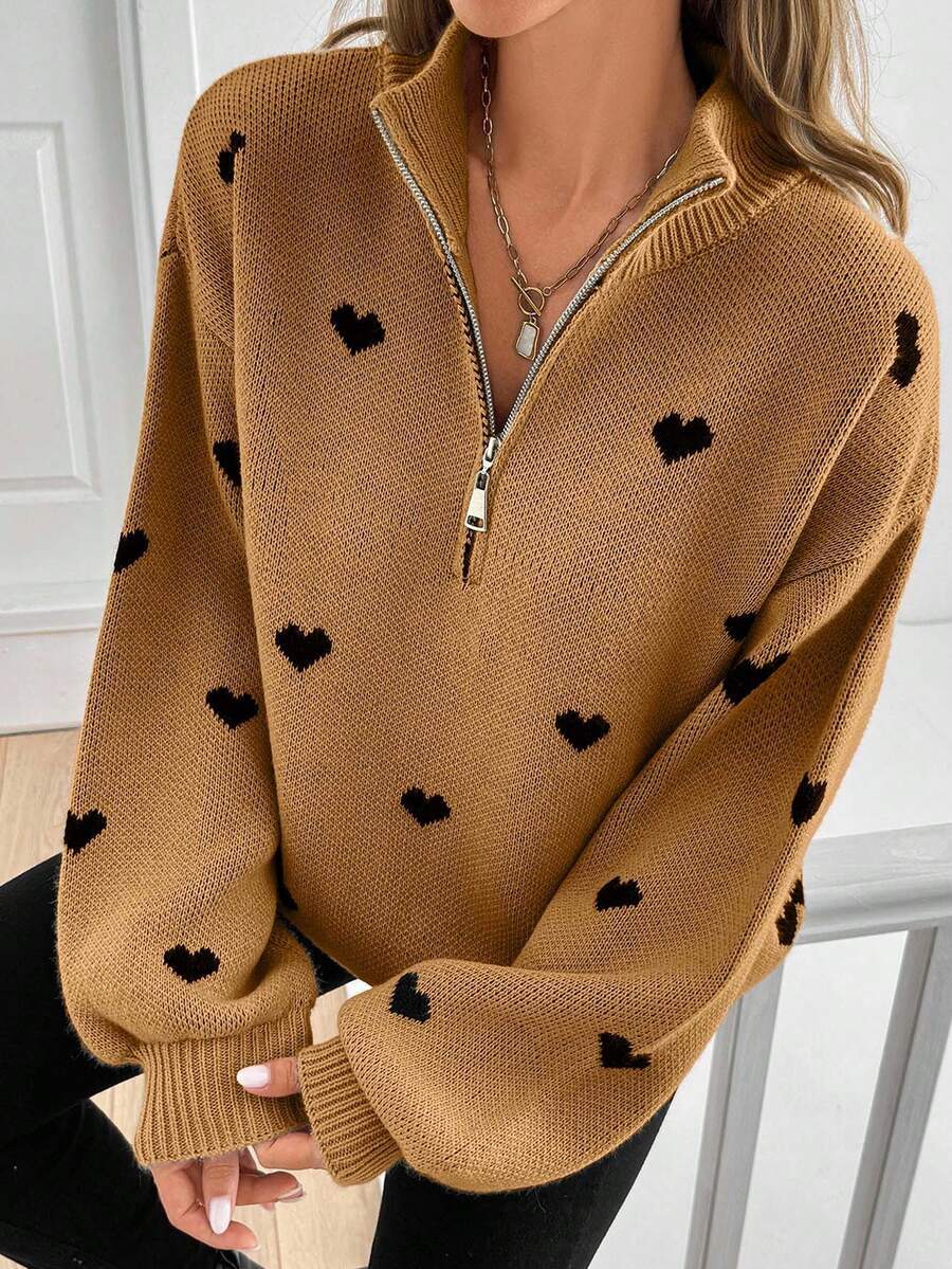 Womens Knitted Long-sleeve Sweater With A Heart-pattern Zipper – Premium 0 | RICALOUX