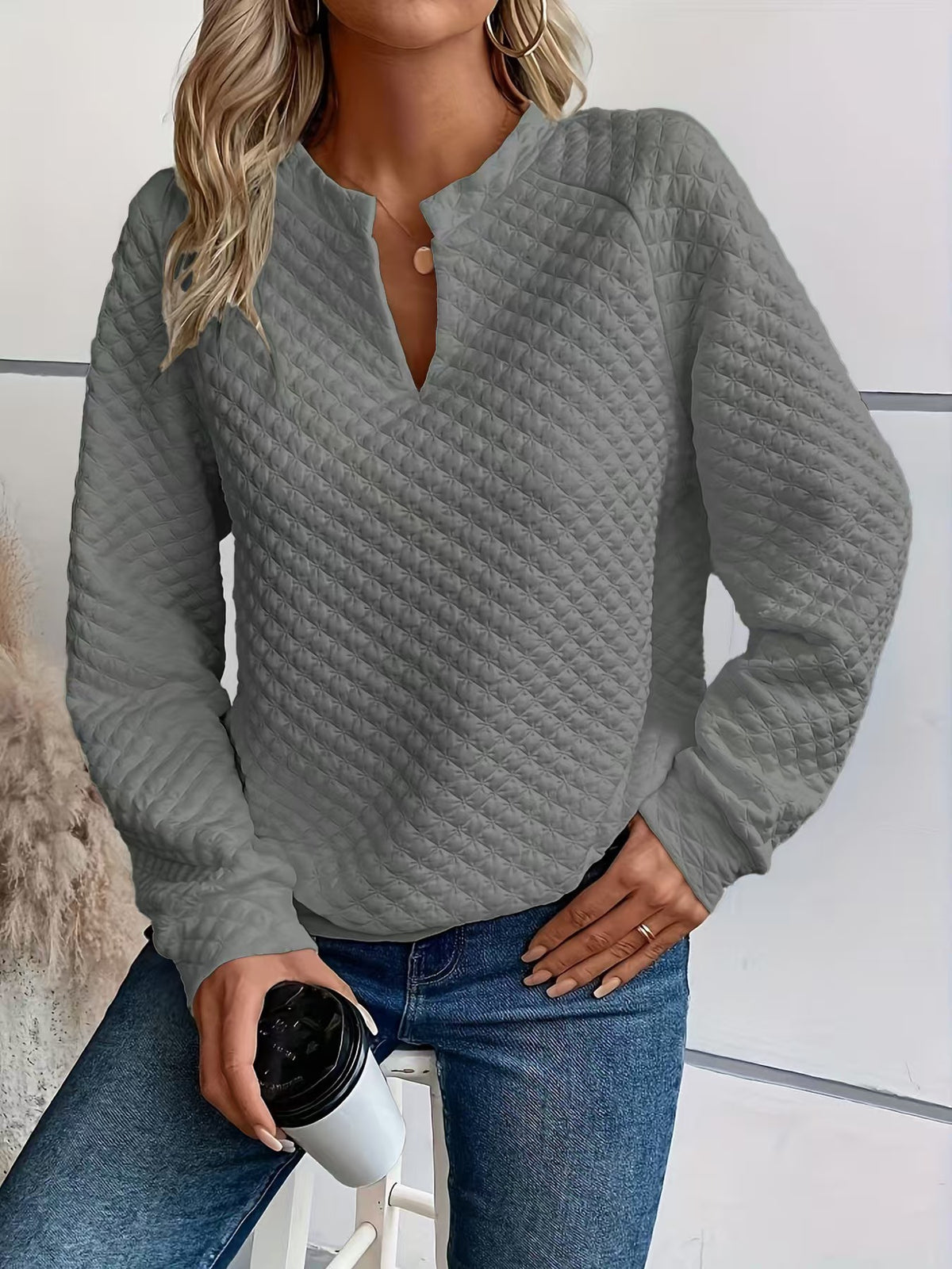 Womens Solid-Color Deep V-Neck Spliced Long-Sleeve Top by Ricaloux