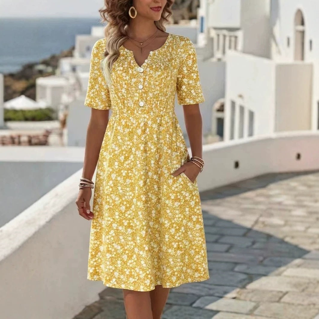 Womens Floral Print V-Neck Midi Dress With Short Sleeves – Premium 0 | RICALOUX