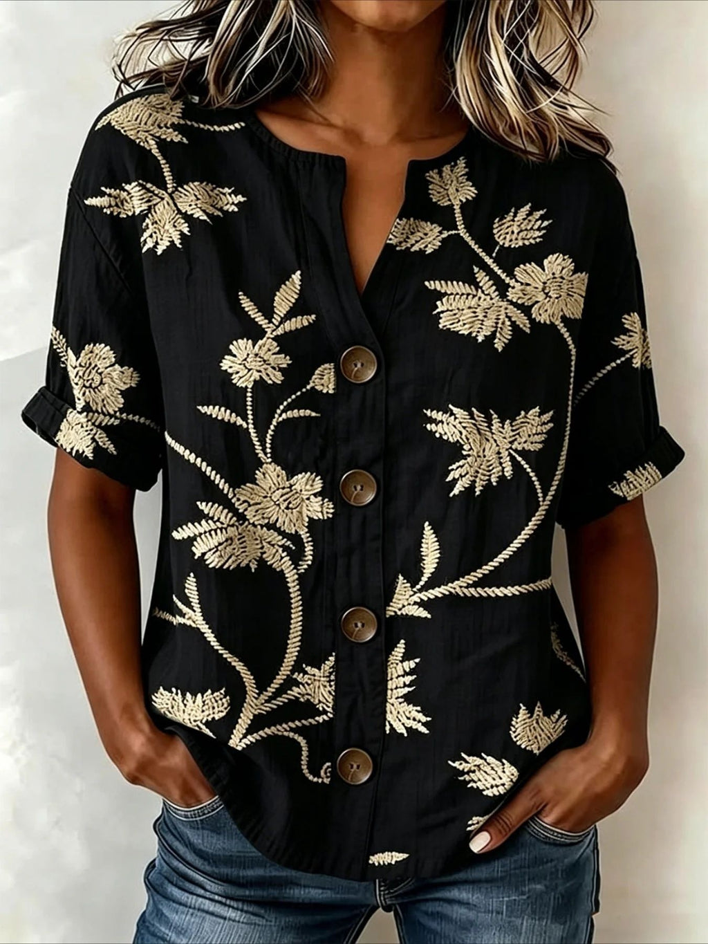 Lantern-sleeve Printed Button-up Womens Blouse by Ricaloux