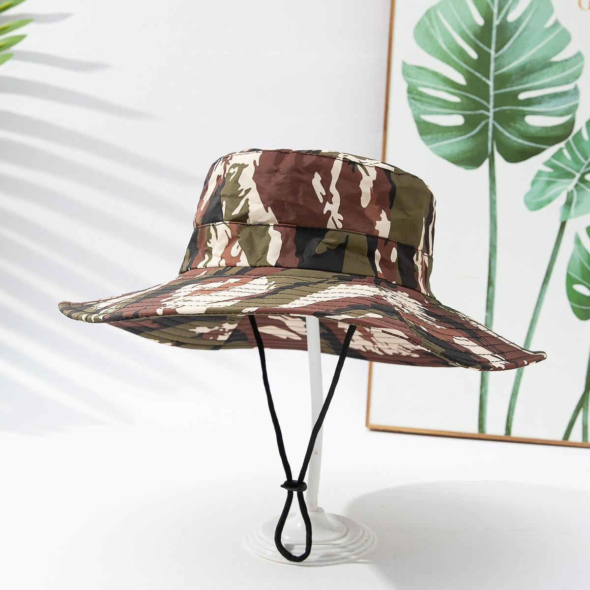 Men's And Women's Identical Color-matched Printed Wide-brimmed Collapsible And Portable Windproof Rope Outdoor Functional Style Fisherman Hat Suitable For Hiking, Fishing And Beach Activities. by Ricaloux