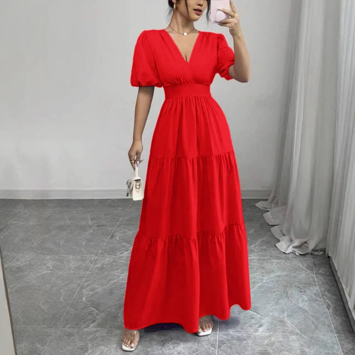 Solid-color Short-sleeve High-waisted Long Dress For Women by Ricaloux