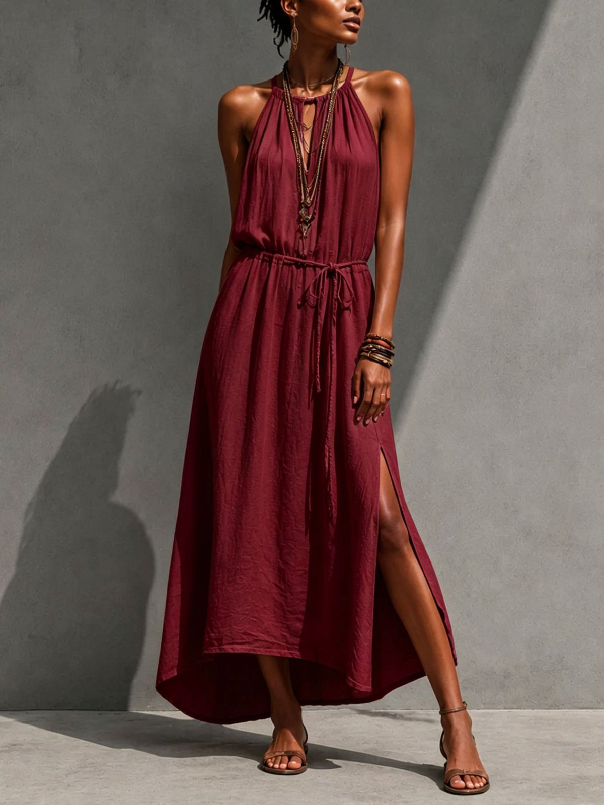 Backless Lace-up Slit Maxi Loose-fitting Dress by Ricaloux