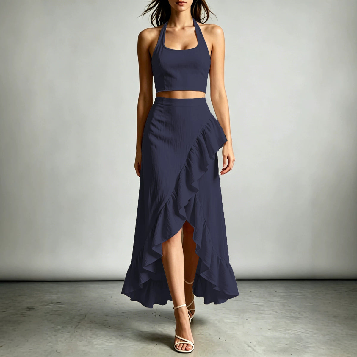Womens Cropped Top With A High-waisted Ruffled Skirt by Ricaloux