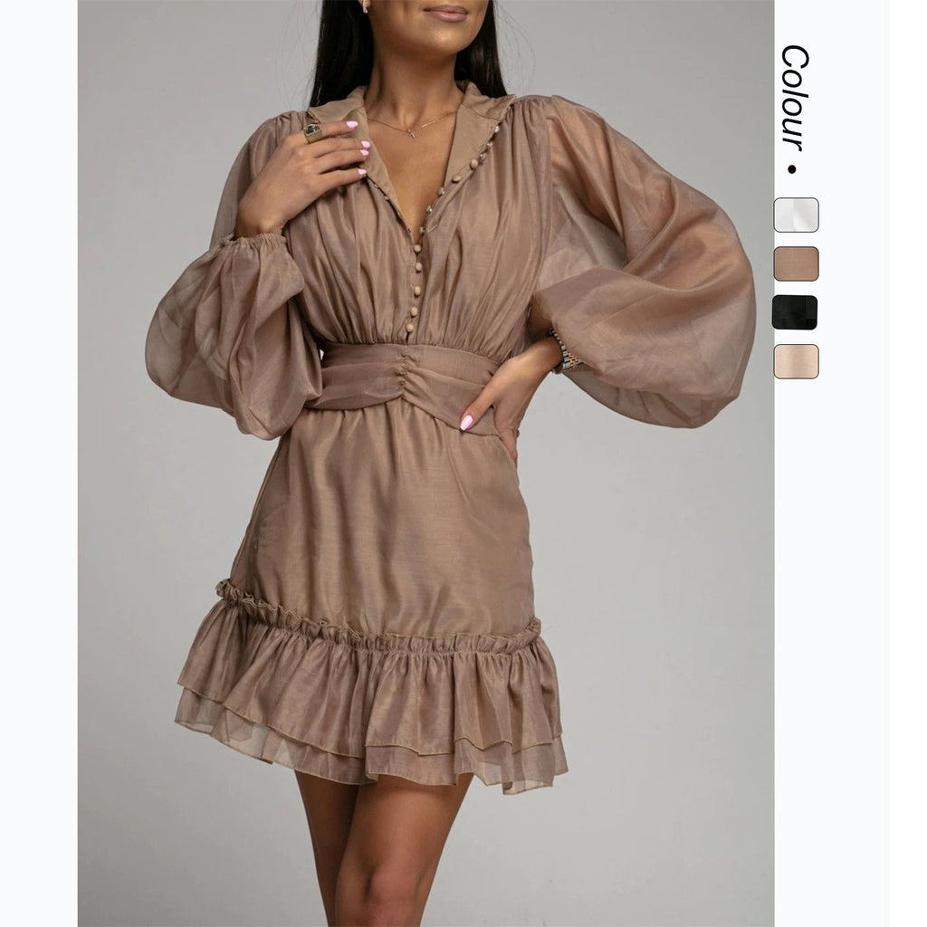 Fashionable Button-front Waist-cinching Lace Dress With Ruffled Hem by Ricaloux