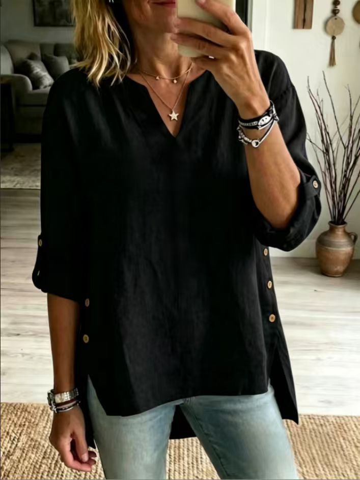 Loose Casual V-neck Three-quarter-sleeve T-shirt For Women – Premium 0 | RICALOUX
