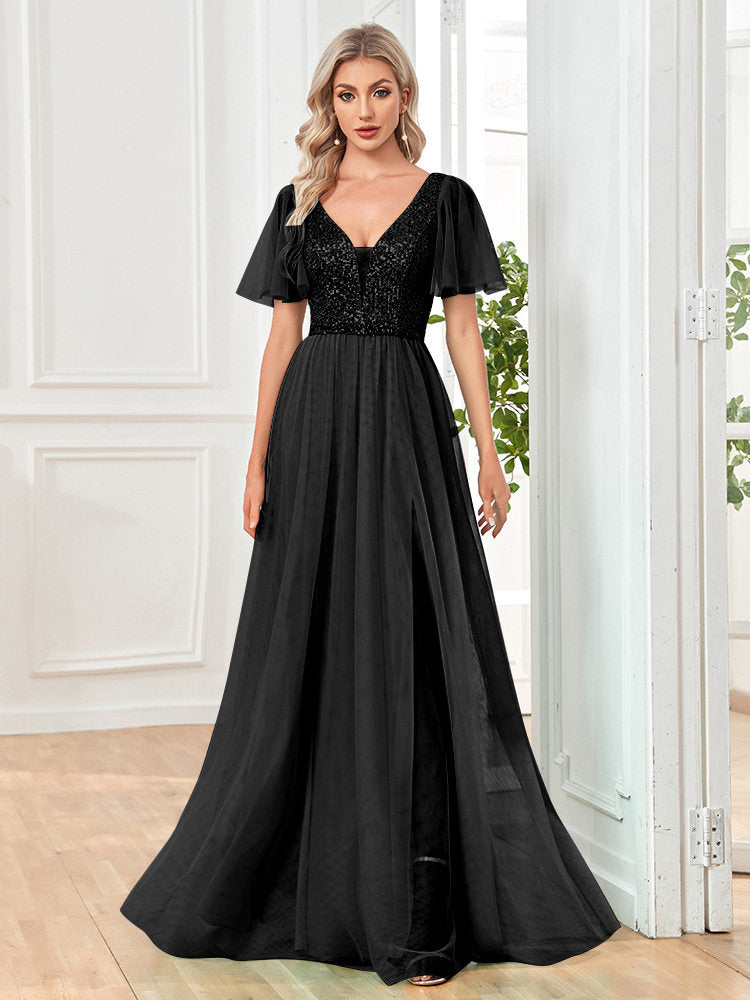 Womens Sexy V-neck Short-sleeve Long Dress by Ricaloux