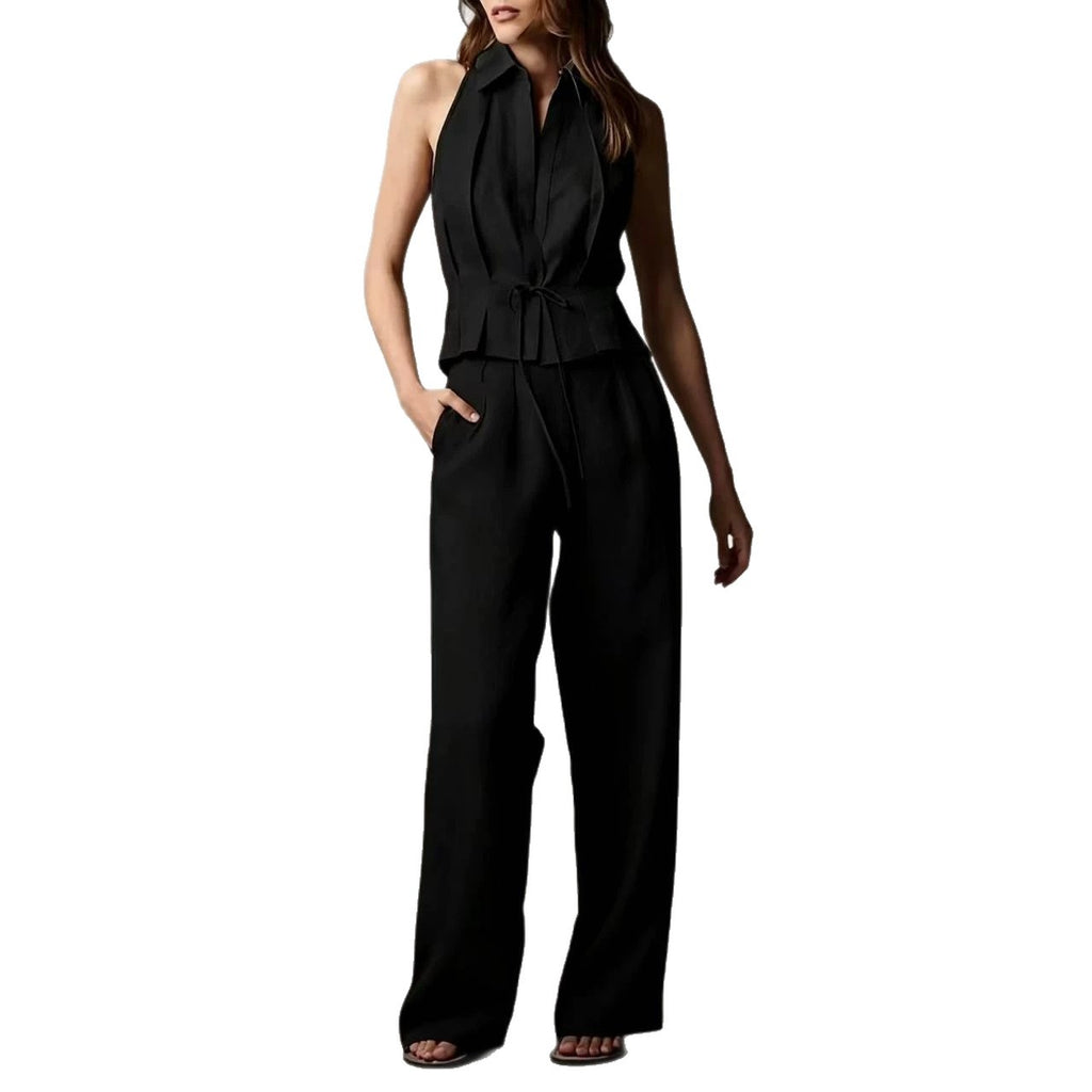 Cotton-linen Sleeveless Lapel Top With A Simple Straight-leg Pants Set by Ricaloux