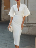 Womens V-neck, Flared-sleeve Sheath Midi Evening Dress – Premium 0 | RICALOUX