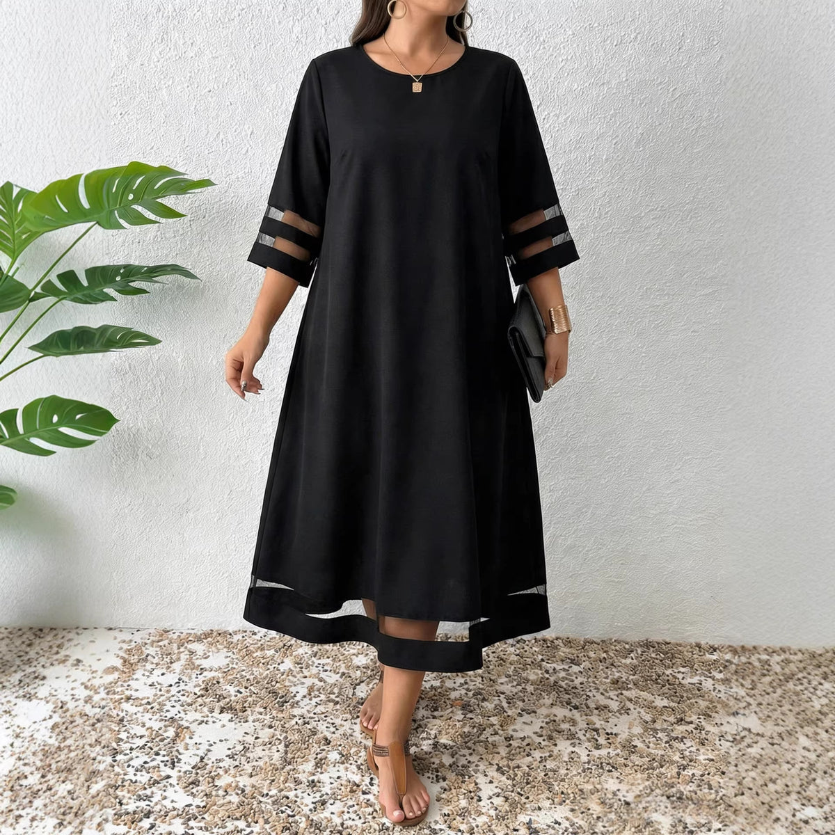 A-line Dress With Mesh-sleeve Paneling by Ricaloux