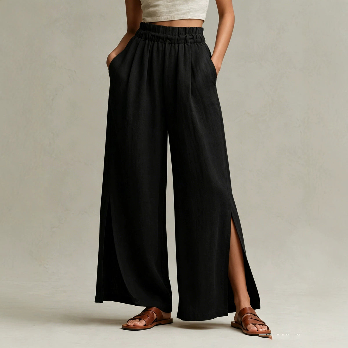Womens Casual High-waisted Trousers With An Elastic Waist And Side Slits by Ricaloux