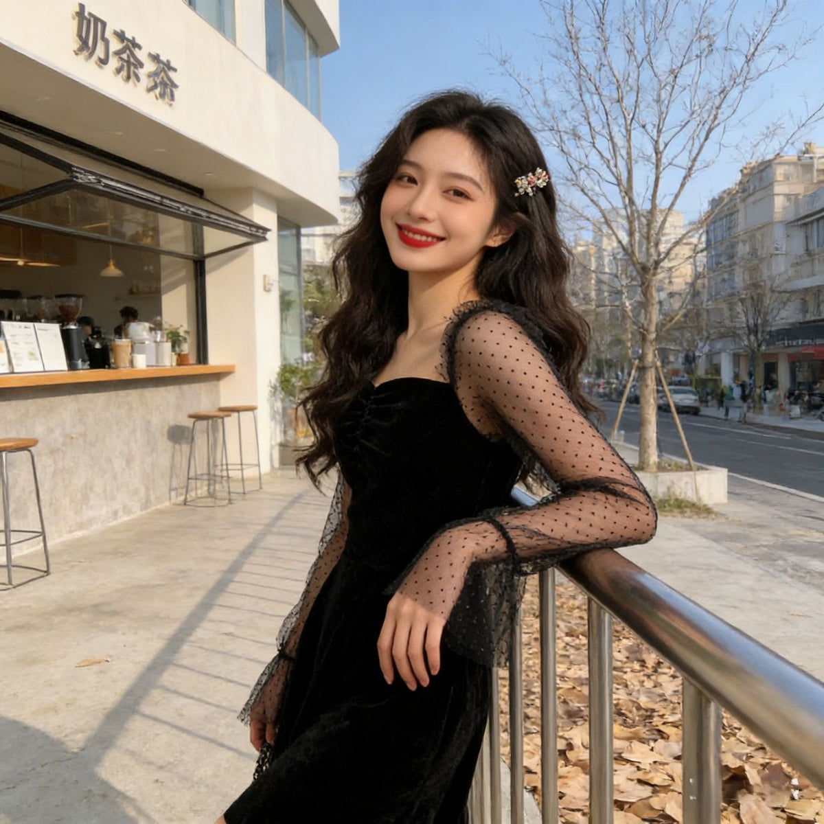 Korean-style Retro Elegant Chiffon-Sleeved A-line Dress by Ricaloux