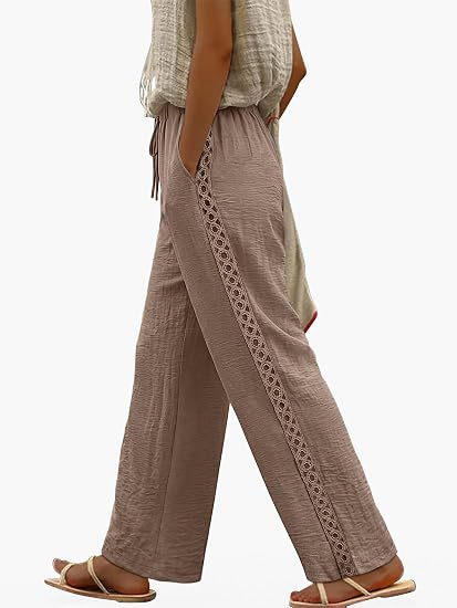 Womens Drawstring-waist Patchwork-lace Casual Loose-fitting Wide-leg Pants With Pockets – Premium 0 | RICALOUX