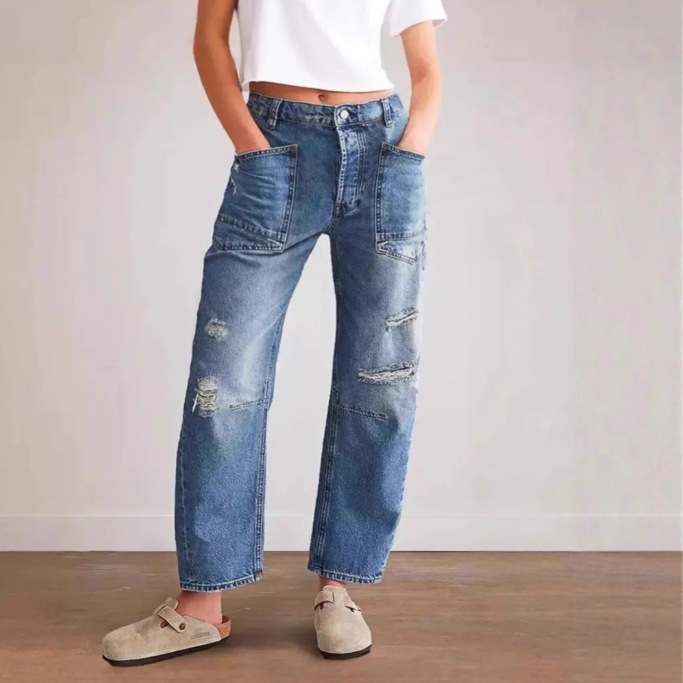 Retro Patchwork Wide Ocketed Distressed Jeans – Premium 0 | RICALOUX
