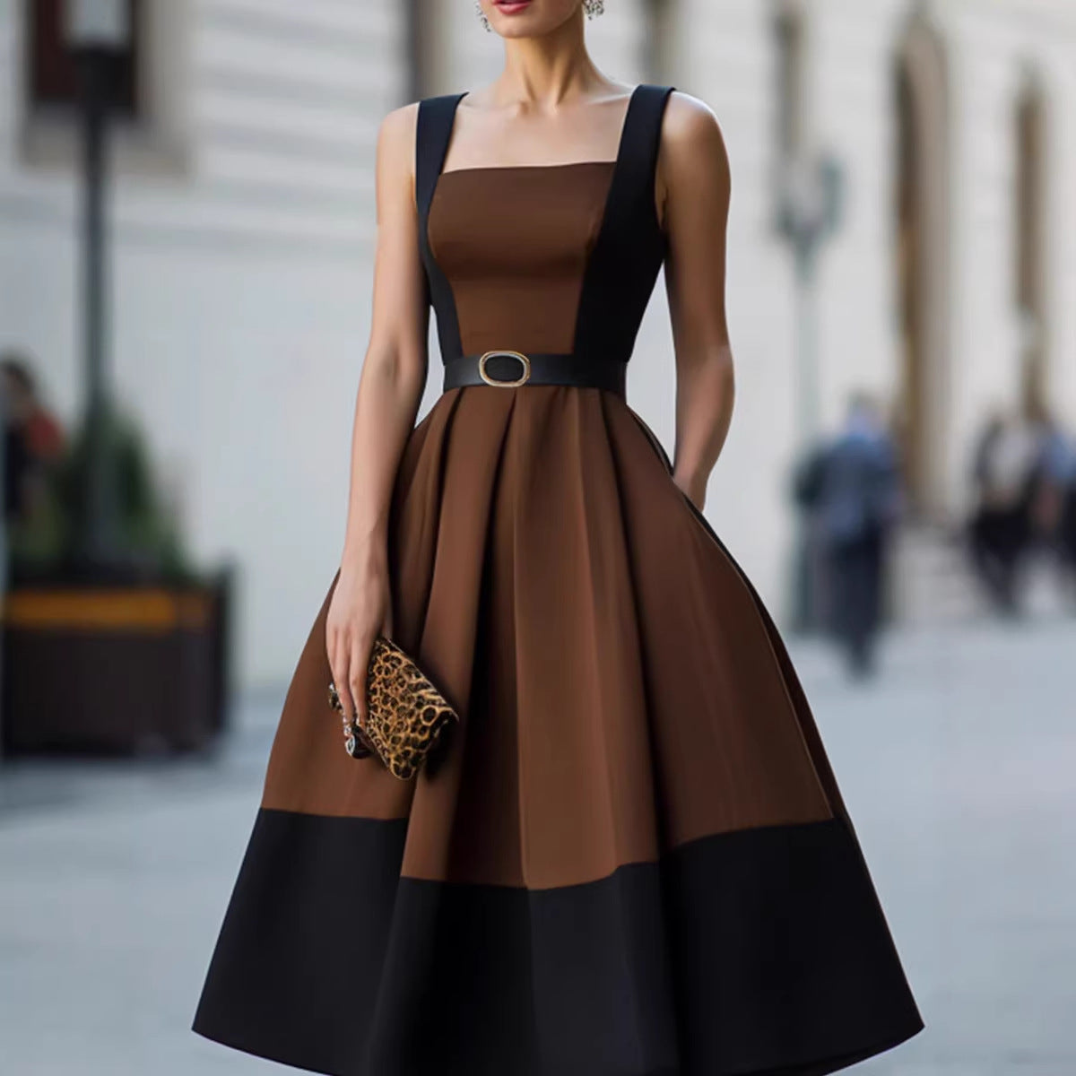 Retro-style Patchwork Wide-strap Waist-cinching Figure-flattering Refined Workwear Dress – Premium 0 | RICALOUX