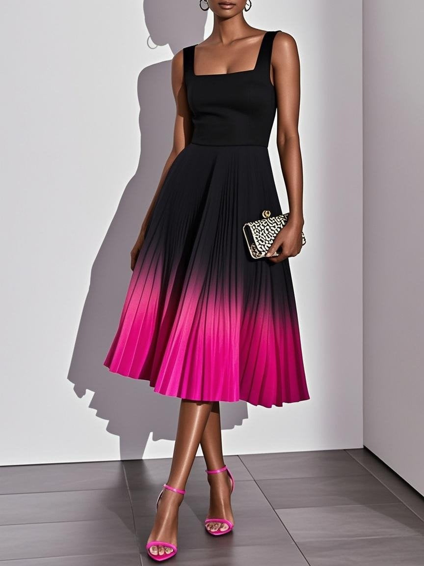 Square-neck Mid-length Dress With Gradient Pleats – Premium 0 | RICALOUX