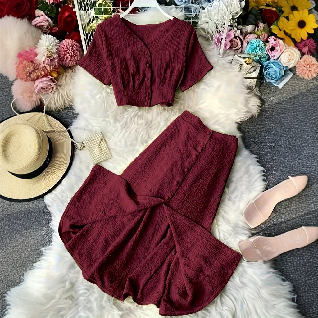 V-neck Single-breasted Short-sleeve Top And High-waisted Wide-leg Pants With Side Slits – Premium 0 | RICALOUX