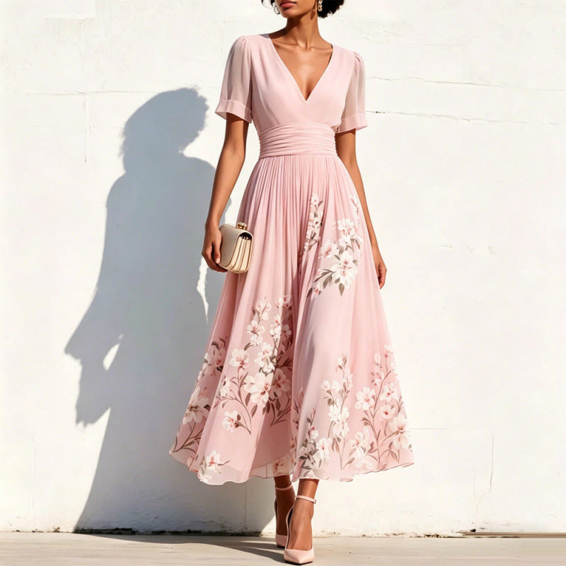 Womens Digital-Print Floral Long-Sleeve V-Neck Pleated Dress by Ricaloux
