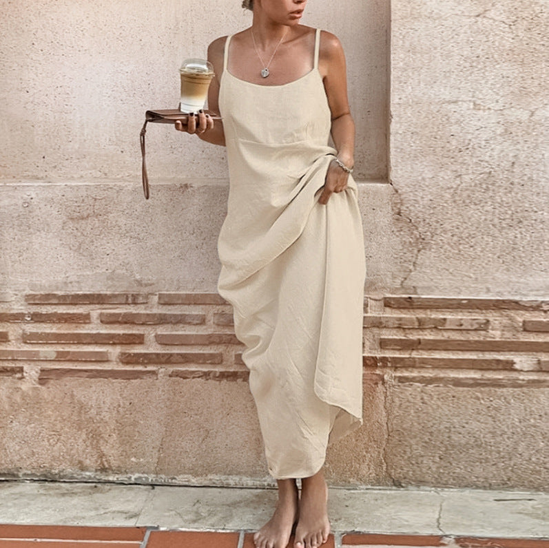 Womens Cotton-linen Strap Backless Dress – Premium 0 | RICALOUX