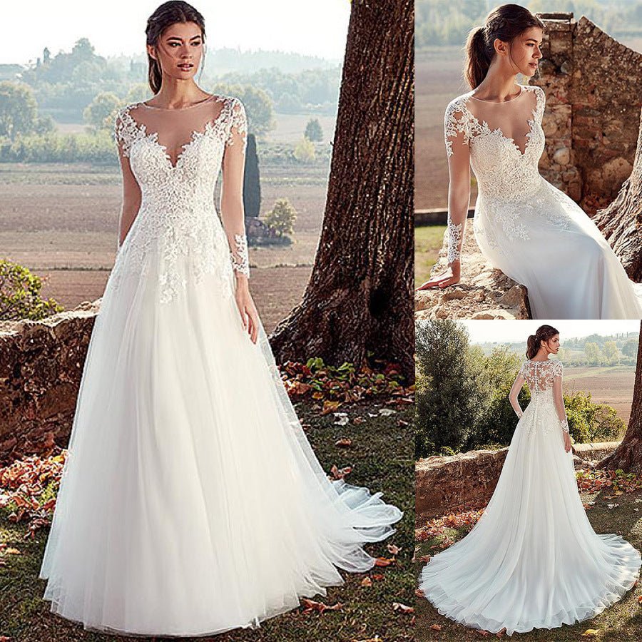 High U-neck Lace Long Sleeve A- Line Long Tail Simple Wedding Dress - RICALOUX
