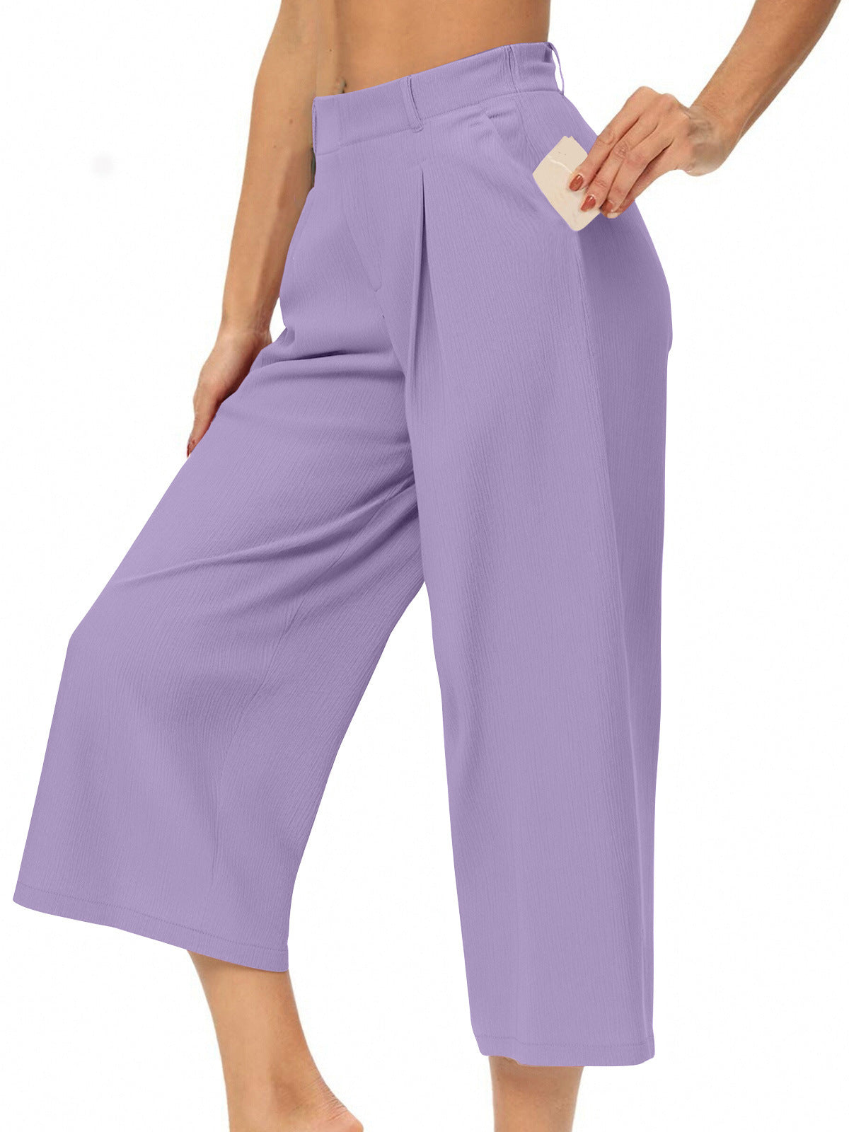 Womens Summer Solid-Color Casual High-Waisted Wide-Leg Cropped Trousers With Side Pockets by Ricaloux