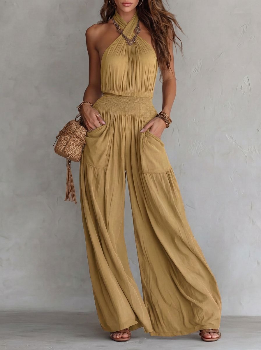 Womens Slim-fit Backless Sleeveless Wide-leg Jumpsuit by Ricaloux