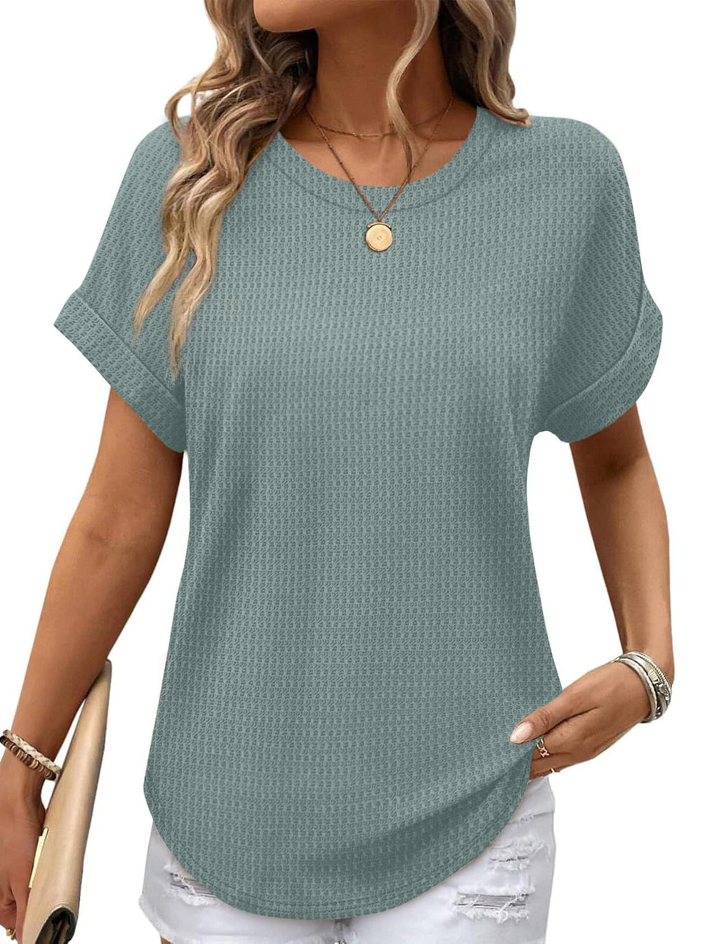 Ruffled-edged Short-sleeve Waffle-knit Crew-neck Top With A Curved Hem by Ricaloux