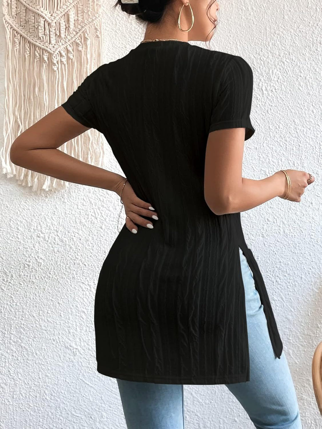 Women's Textured Short Sleeve Side Slit Tunic Top - Casual Loose Fit Longline Blouse by Ricaloux