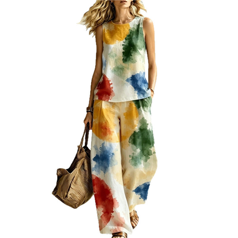 New-style Rainbow Tie-dye Sleeveless Crew-neck Top And Wide-leg Pants Womens Casual Two-piece Set – Premium 0 | RICALOUX